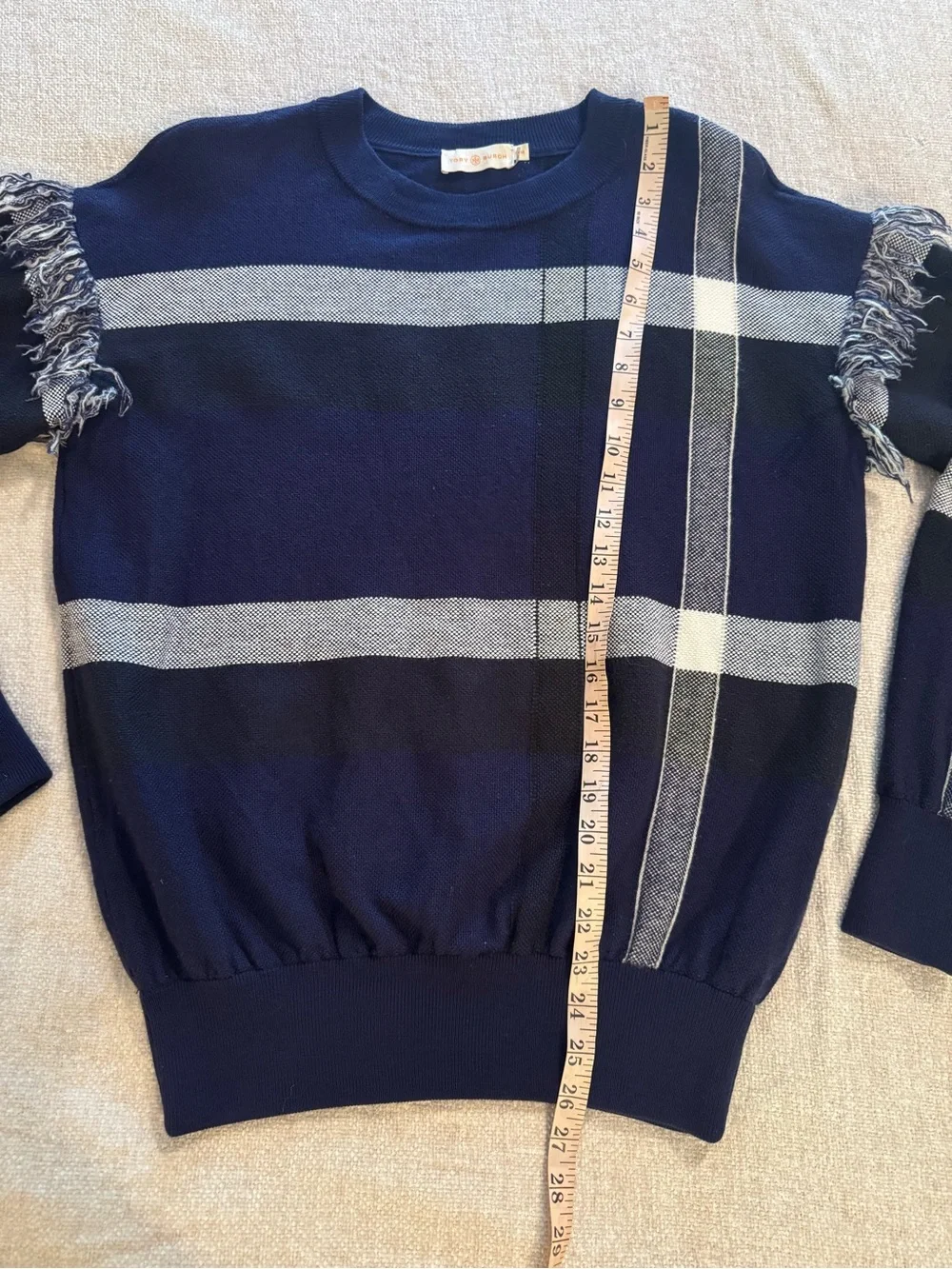 Tory Burch Gwen Wool Navy Plaid Fringe Sweater Medium